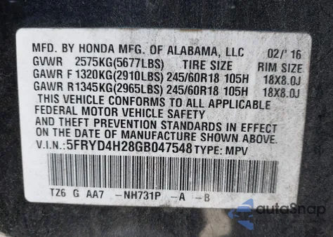 2016 Acura Mdx Acurawatch Plus Package from USA, damaged, VIN 5FRYD4H28GB047548
